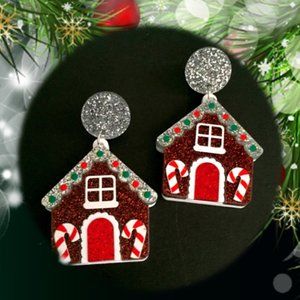 🍏50% OFF/3+...Glittering Acrylic Gingerbread House Dangle Christmas Earrings